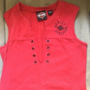 Harley Davidson Red Cut Off Shirt, size S.